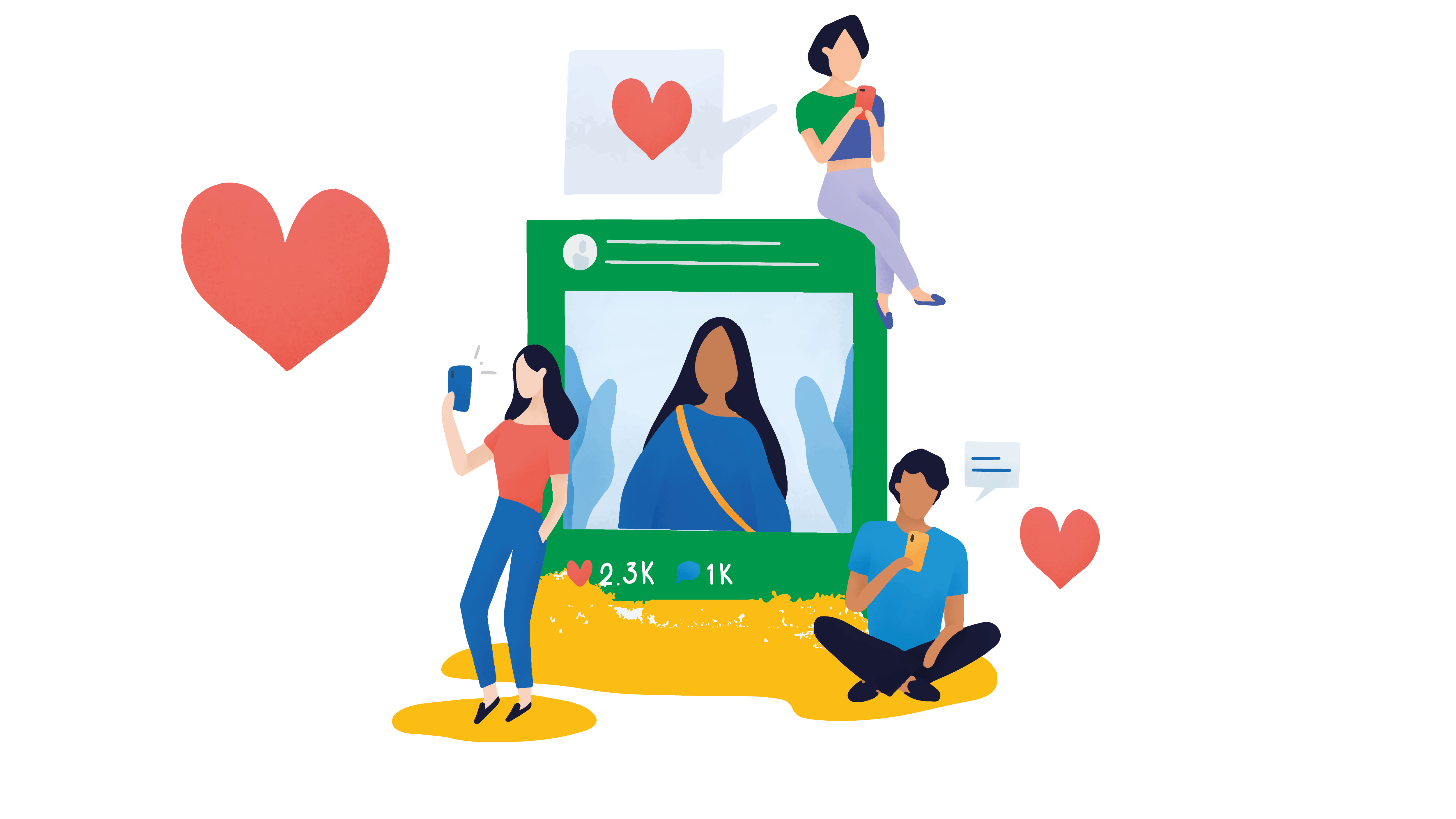 Ilustração mostra pessoas mexendo em celulares, e símbolos que remetem a redes sociais e a seguidores e curtidas no Instagram