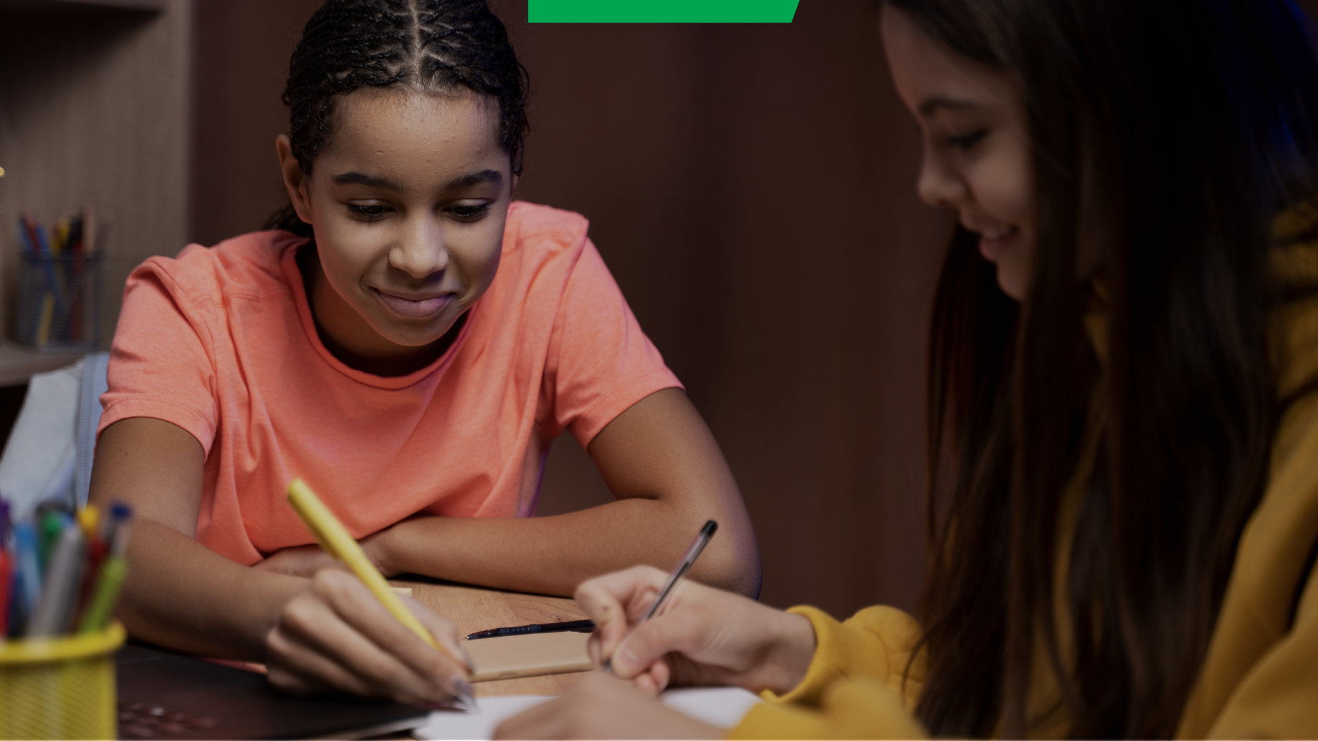 Duas meninas adolescentes realizam atividades escolares